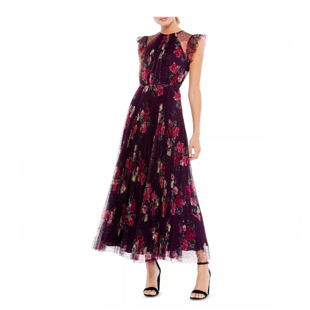 Mac Duggal Floral Print Long Dress - Plum, Size Medium